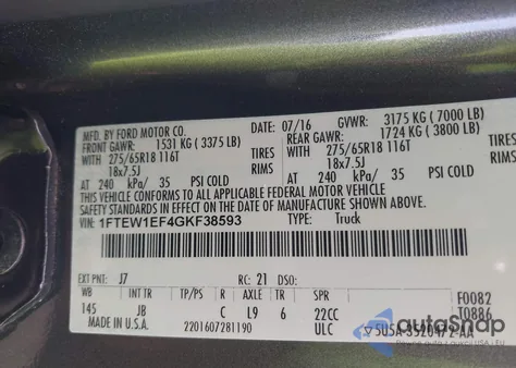 2016 Ford F-150 Xlt из США, поврежденный, VIN 1FTEW1EF4GKF38593